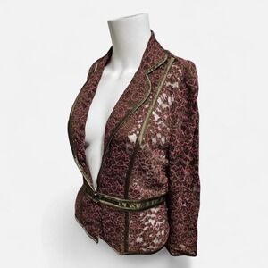 VTG Womens Sheer Floral Lace Blazer Olive Green Pink Satin Trim Jacket Fairy Y2K